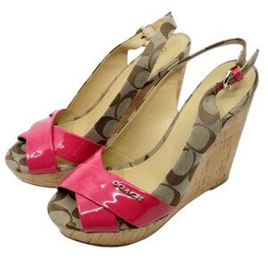 COACH~Jessy Wedge~PINK PATENT LEATHER C SIGNATURE SANDAL HEEL SHOES SZ 7.5 IOB